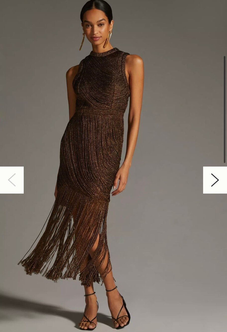 Anthropologie Bronze Metallic Fringe Midi Dress